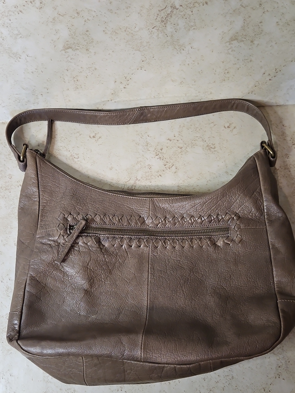 Women's Taupe Shoulder Bag with Woven Trim and Front Zip